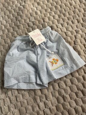 Seersucker Baby Shorts with Smocked Fish Patch - Light Blue